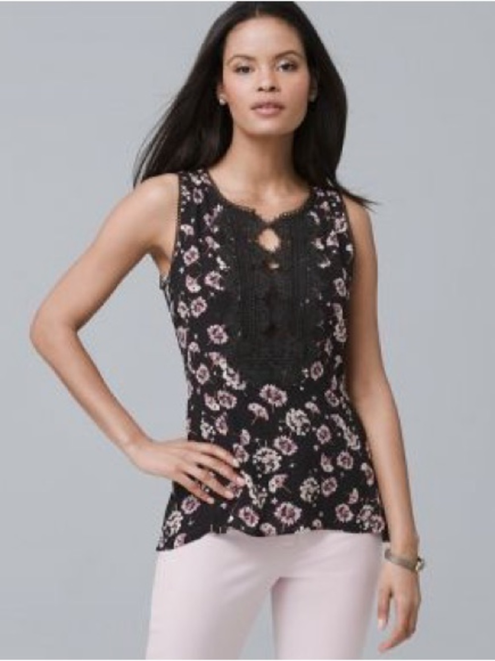 White House Black Market Black Sleeveless Floral Lace-Trim Blouse